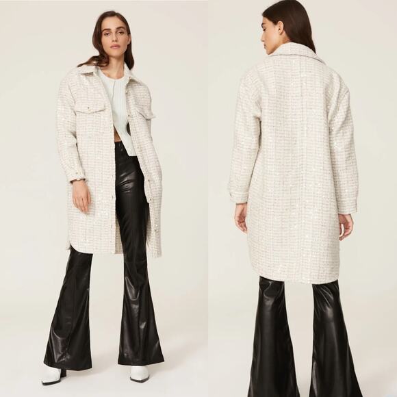 Blank NYC Grand Entrance Cream Tweed Button Front Sequin Shirt Jacket Small - Picture 1 of 7